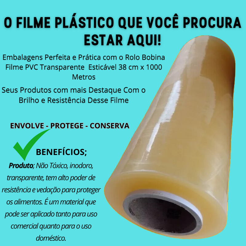 ROLO DE BOBINA FILME PVC PLASTICO FILME PVC 38CM X 1000 METROS RESISTENTE - 1 UNIDADE